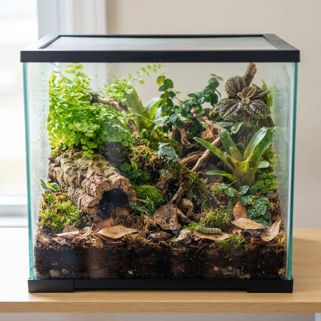 Lush jungle terrarium box packed with green plants, moss, dirt, and cork bark hiding spots